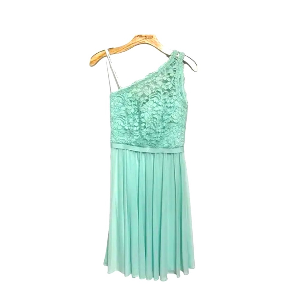 David’s bridal size 2 mint one shoulder lace top bridesmaid dress s